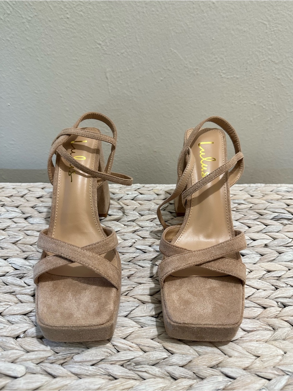 Lulu's Taupe Suede-Strap Block Heel Sandals